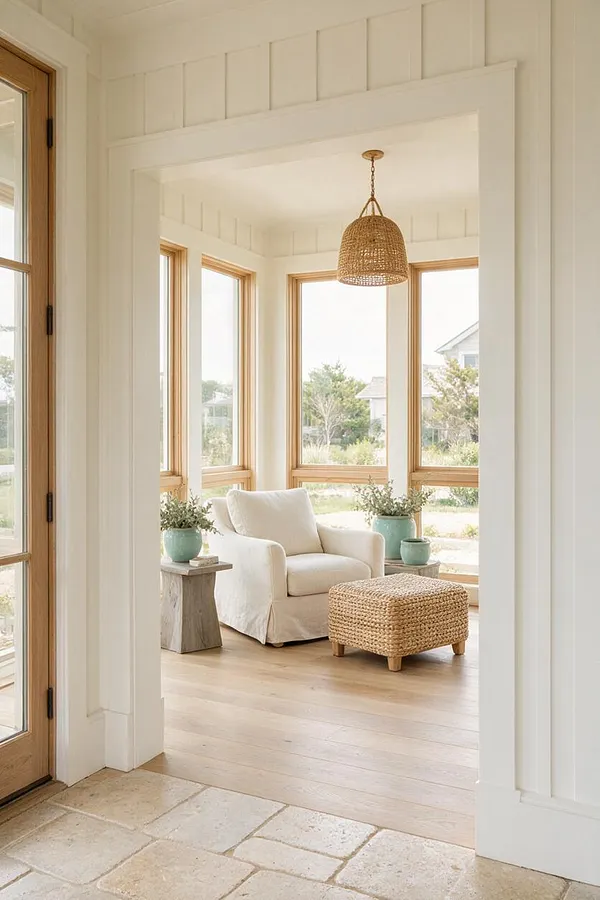 A bright coastal front porch with white shiplap-style walls, natural wood-framed windows and doors, and pale stone flooring. Inside the porch, a cream slipcovered armchair sits beside a woven ottoman, with soft blue-green planters and a rattan pendant overhead.