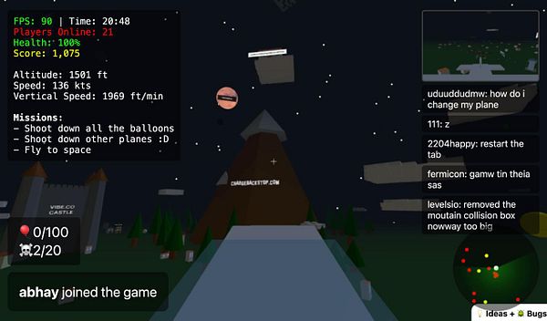 The image displays a gaming interface featuring a flight simulation environment with various statistics and chat messages.