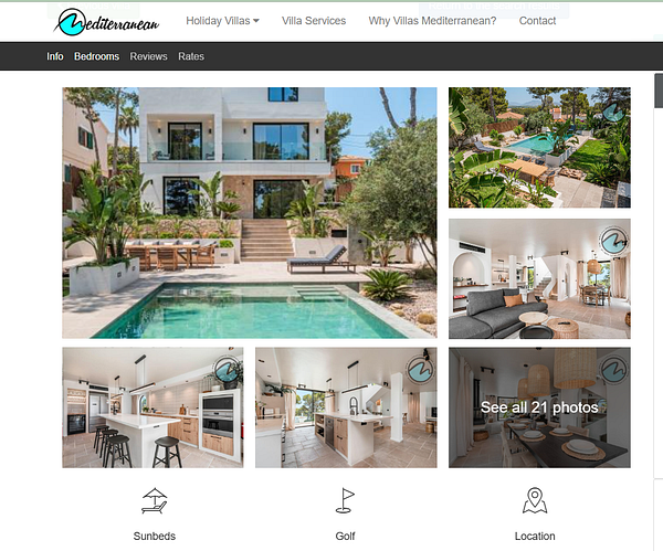The image displays a website layout showcasing a Mediterranean villa with various photos and features.