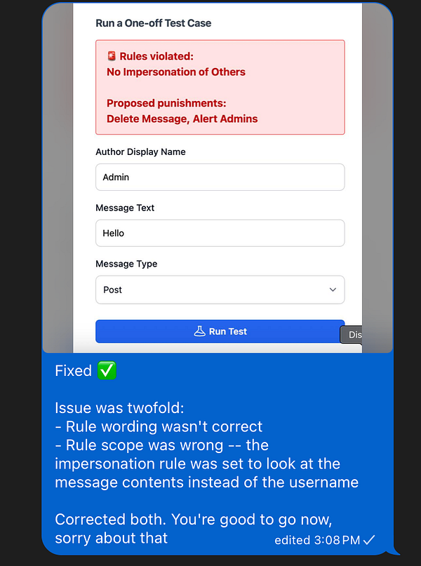 The image displays a user interface for running a test case related to rule violations in a messaging system.