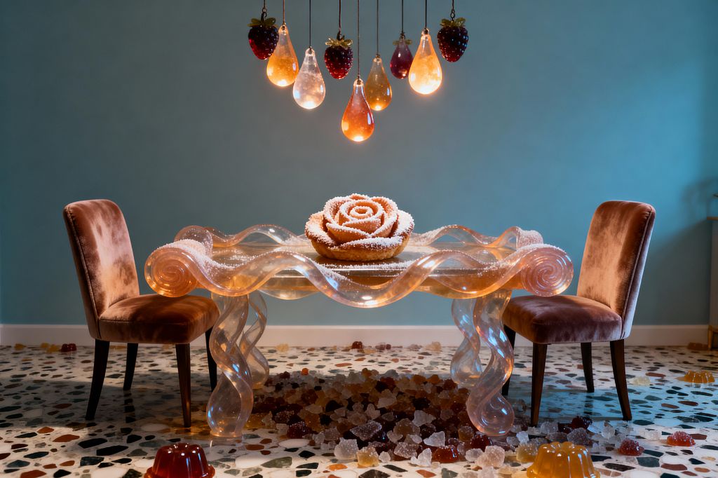 A whimsical dining room features a translucent wavy resin table dusted with powdered sugar and centered by a rose-shaped pastry. Two caramel velvet chairs with dark wooden legs sit on a multicolored terrazzo floor scattered with gummy candies, while a cluster of berry and teardrop glass pendant lights glows in warm tones against a matte teal wall.