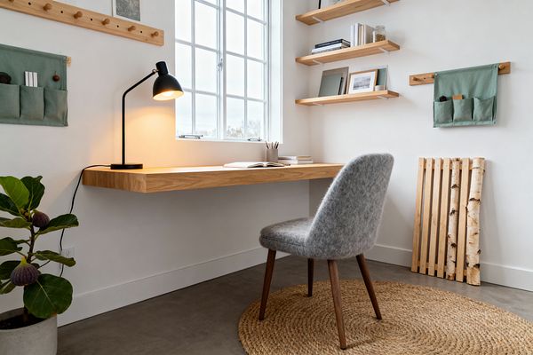 An airy Scandinavian home office shows a floating oak desk beneath a multi-pane window, lit by a black metal task lamp, with a gray wool-upholstered chair on a round jute rug over a smooth concrete floor. Open oak shelves on white brackets hold books and a framed photo, peg rails support sage green canvas organizers, and a potted fiddle-leaf fig and birch logs add natural accents against warm white walls.