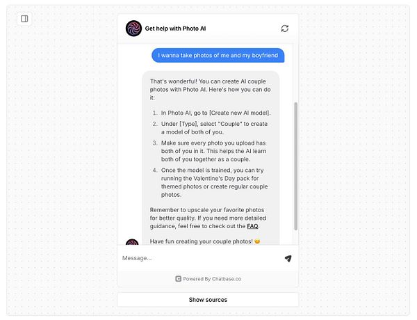A chat interface providing instructions for using Photo AI to create couple photos.