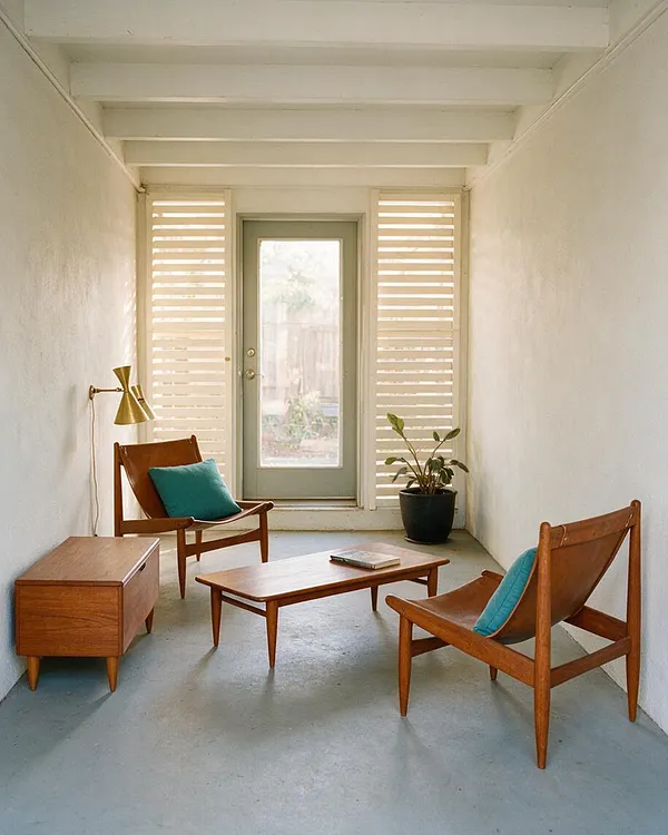 A narrow covered backyard patio furnished in a mid-century modern style, with two sculptural wooden lounge chairs, teal cushions, a low wood coffee table, and a matching side cabinet. White slatted privacy panels, exposed ceiling beams, a pale green door, and a potted plant create a bright, relaxed outdoor retreat.