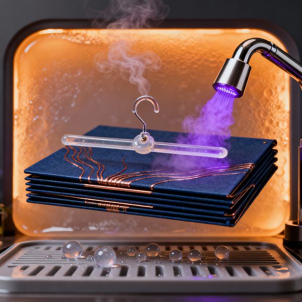 A futuristic laundry vignette shows a chrome nozzle projecting purple light and steam toward a stack of folded navy fabrics suspended from a clear acrylic hanger. An amber backlit glass panel behind is fogged with condensation, while a slotted stainless-steel drainboard below holds scattered bubbles. Copper lines accent the textiles, and the metallic finishes and neon hues create a clean, high-tech atmosphere focused on sanitizing and drying garments.