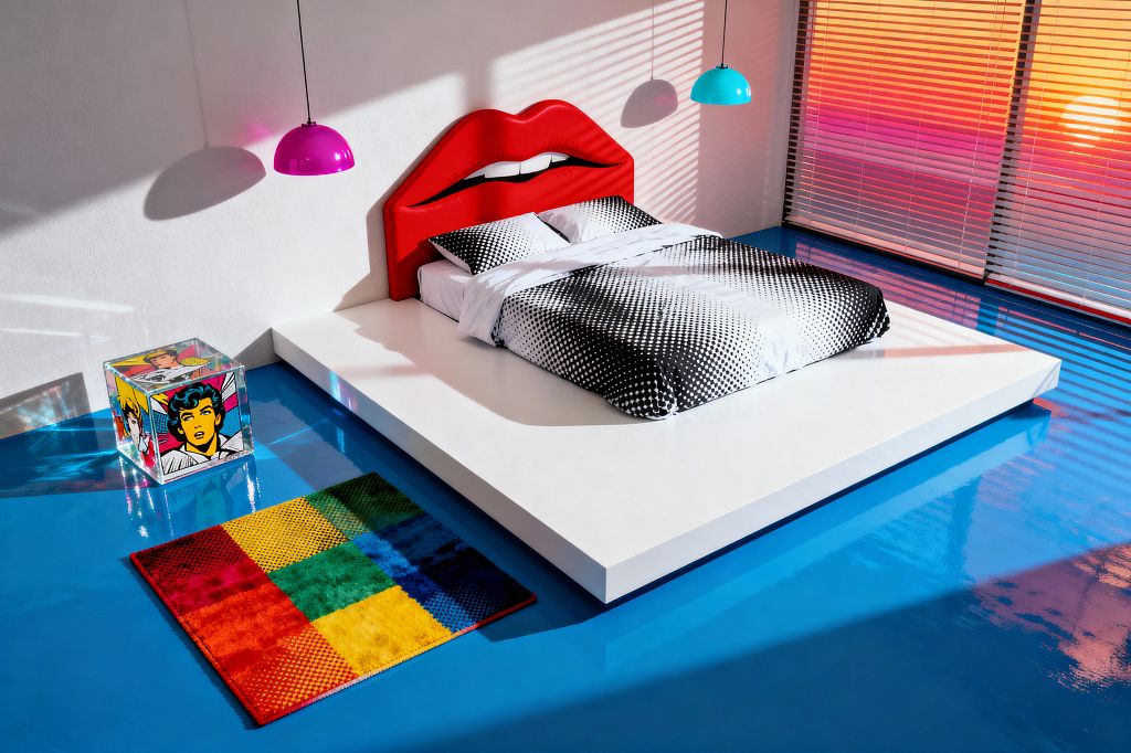 A pop art bedroom featuring a low white platform bed with a bright red, lip-shaped headboard and black-and-white halftone bedding. The glossy electric-blue floor reflects a magenta and a turquoise dome pendant. A clear acrylic cube with comic-style portraits serves as a nightstand beside a small rainbow patchwork rug, while horizontal blinds cast pink and orange light bands across the white wall and floor.