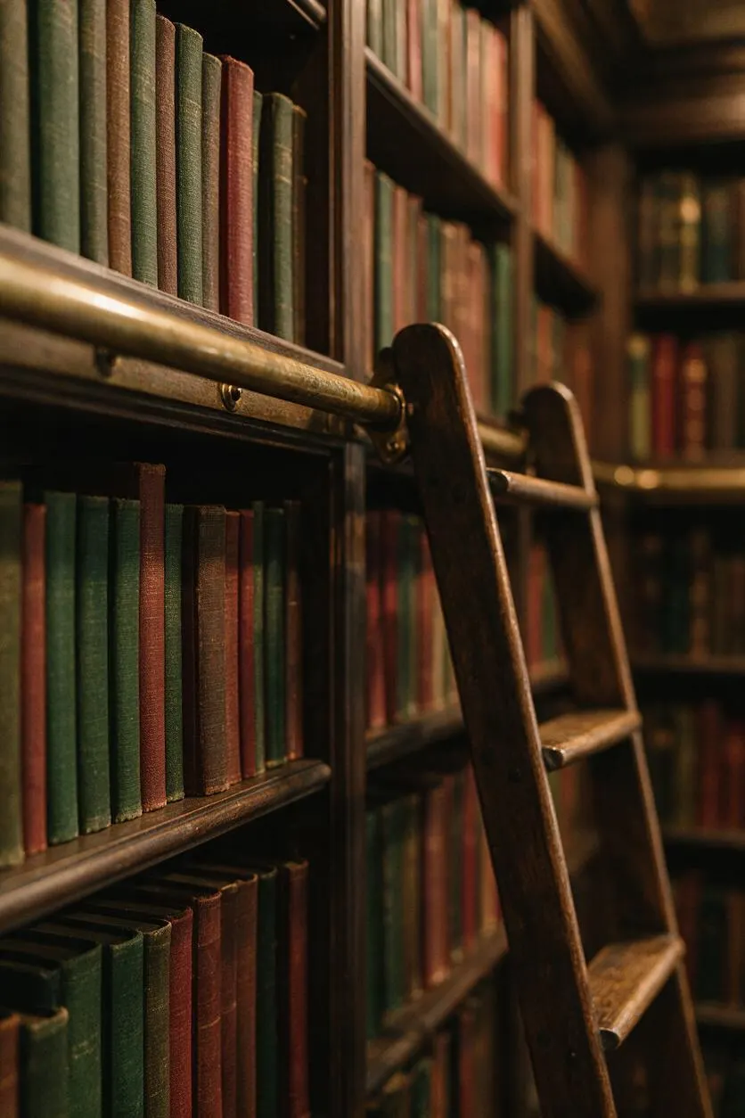 A close-up view of tall wooden bookshelves filled with rows of old, clothbound books in muted green, red, and brown tones. A wooden library ladder with brass rails leans against the shelves, creating a warm, scholarly Dark Academia atmosphere.