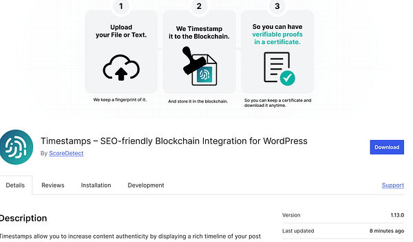 The image displays the interface for the Timestamps plugin for WordPress, highlighting its features and version details.