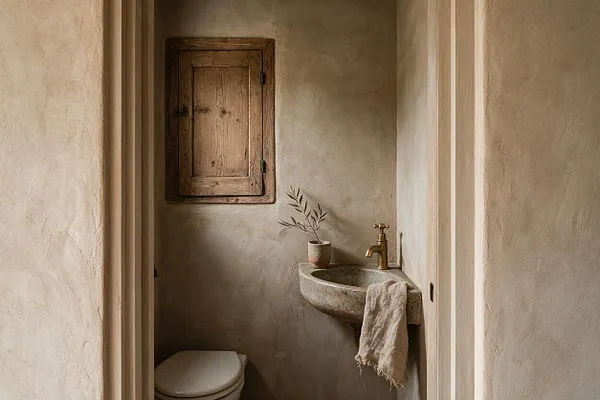 A narrow powder room with textured plaster walls, a rustic wood wall cabinet, and a small stone sink with a brass faucet. A white toilet is partly visible below, and a small vase with olive branches and a draped linen towel add a restrained, natural touch.