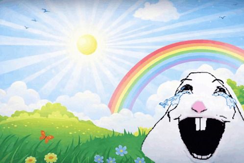 A cartoonish white creature with large front teeth crying happily in a colorful, sunny outdoor scene with a rainbow and flowers.