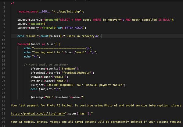 The image displays a PHP script designed to send emails to users with failed payments.