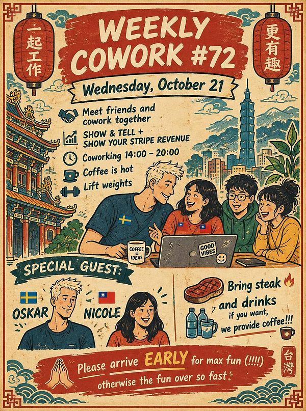 A colorful poster advertising the 72nd weekly coworking day event on October 21 featuring special guests Oskar and Nicole and encouraging attendees to arrive early.