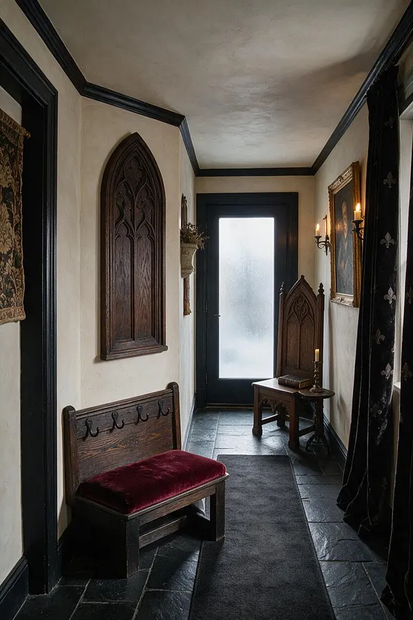 A narrow Gothic-style entryway with dark slate tile flooring, cream plaster walls, and black trim. The space features carved pointed-arch wood panels, a small wooden bench with a burgundy velvet cushion, a dark runner, candle-style wall sconces, and a frosted glass front door that softens the natural light.
