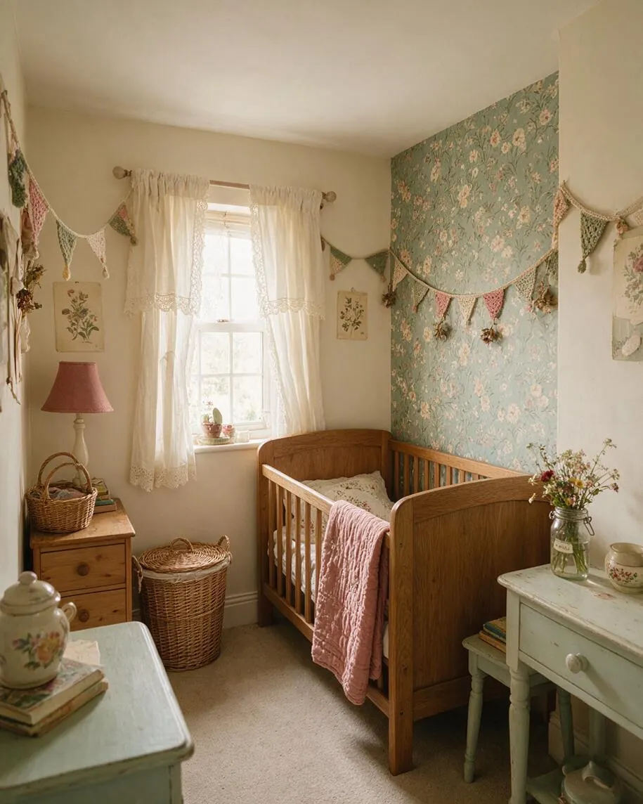A cozy cottagecore kids' room with a wooden crib, floral wallpaper, cream curtains, and handmade crochet bunting. The room includes wicker baskets, painted pastel furniture, and soft pink and green accents with natural daylight streaming through the window.