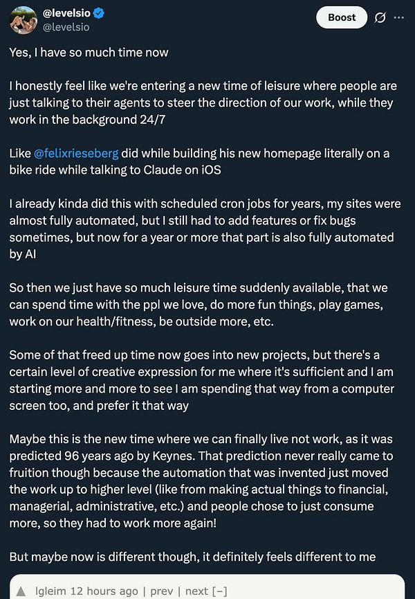 A Twitter post by @levelsio discussing the impact of AI automation on leisure time and work-life balance.