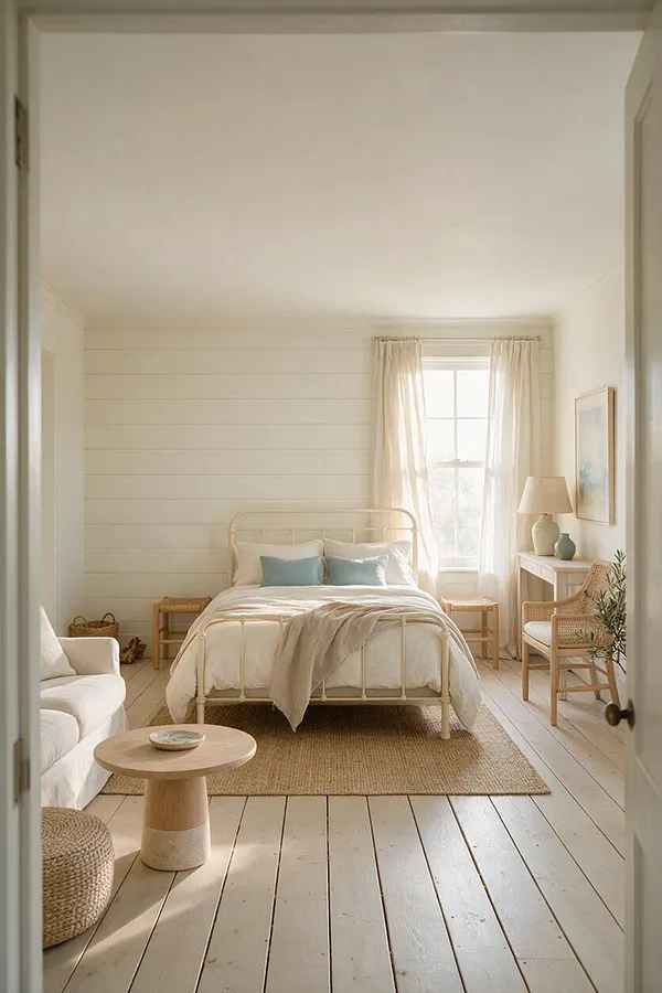 A serene coastal guest bedroom with a white metal bed dressed in soft white bedding and pale blue accent pillows. The room features shiplap walls, sheer curtains, woven natural textures, a light wood desk chair, and a jute rug, all in a warm neutral palette.