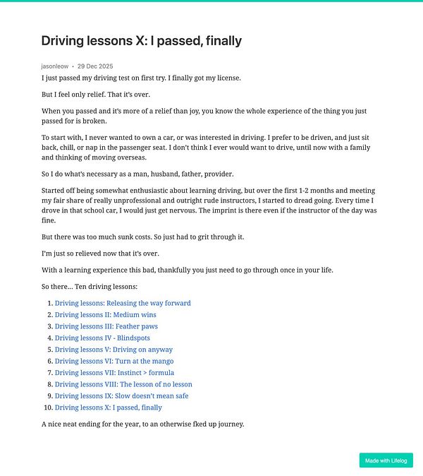 A personal blog post reflecting on the author's experience with driving lessons and finally passing the driving test.