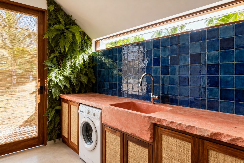 Bright laundry room with a coral-pink stone countertop and integrated sink set against glossy indigo square tiles. Warm wood cabinets with woven rattan fronts frame a white front-loading washer, while a vertical garden of ferns and a wood door with a bamboo shade filter sunlight; a slim clerestory window above the backsplash reveals palm trees outside.
