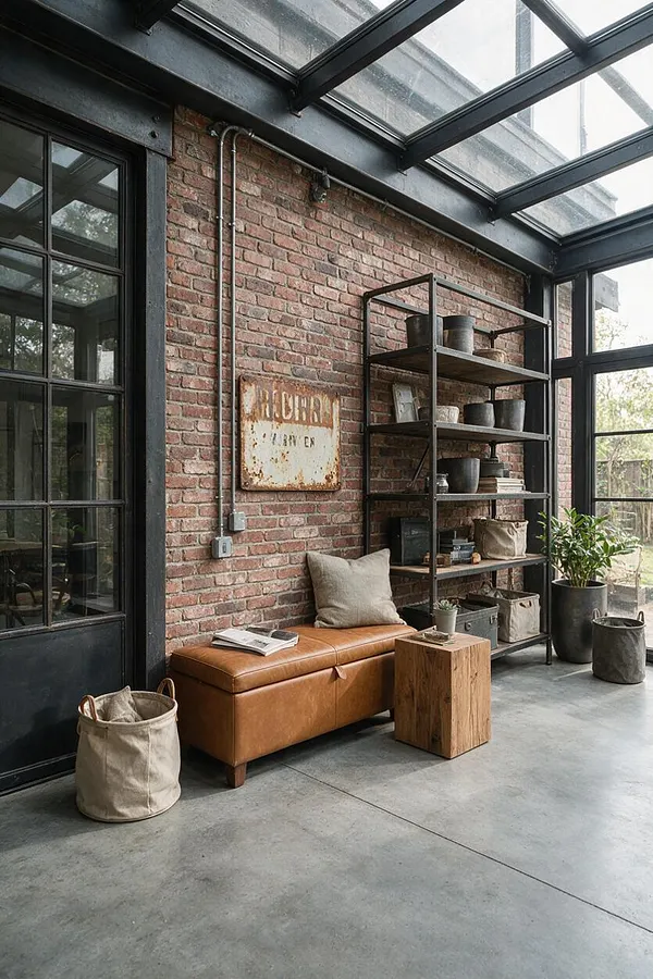 A bright industrial-style sunroom with exposed red brick walls, black steel-framed glass doors and skylights, and a polished concrete floor. A tan leather bench, metal shelving, potted plants, and canvas storage baskets add warmth and function to the space.