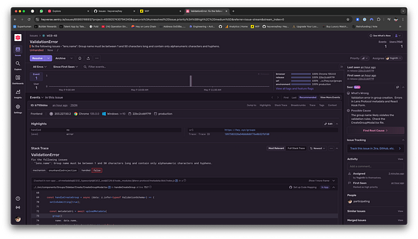 The image displays a Sentry issue report for a ValidationError related to group name constraints.