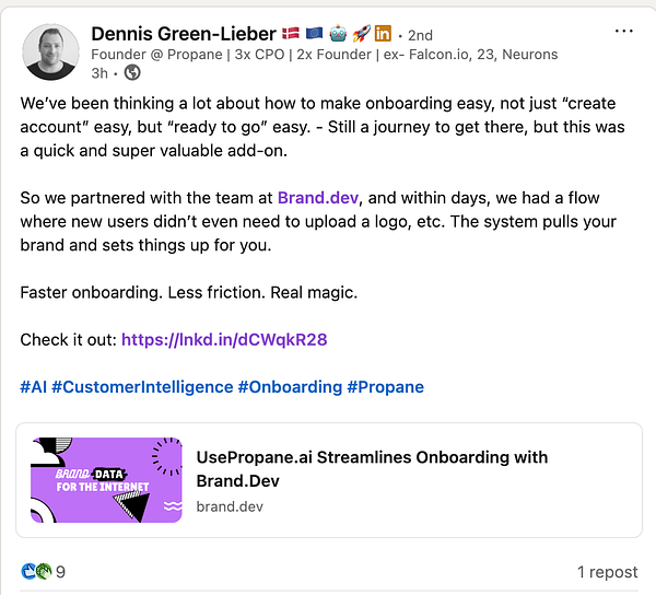 The image features a LinkedIn post discussing a partnership aimed at improving user onboarding.