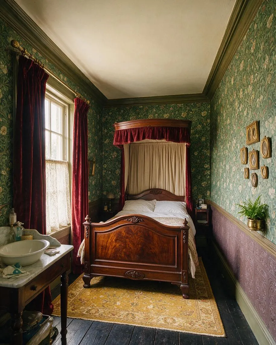 A narrow Victorian guest bedroom with green floral wallpaper, burgundy velvet curtains, and a polished dark wood canopy bed centered against the back wall. A marble-topped washstand with a basin sits by the window, while framed oval artwork and a patterned rug add to the antique atmosphere.