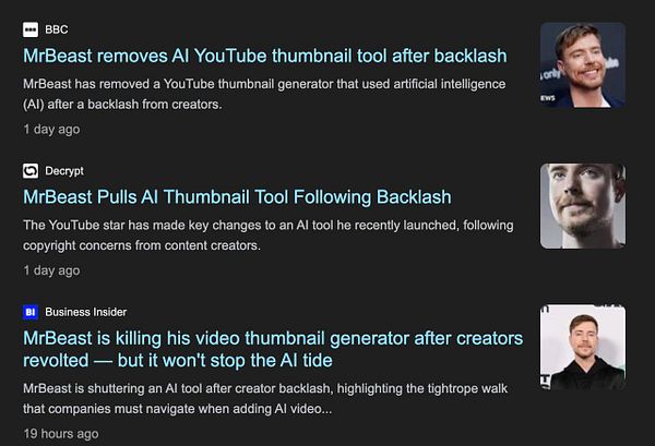 The image displays a series of news articles regarding MrBeast's decision to remove an AI thumbnail tool.