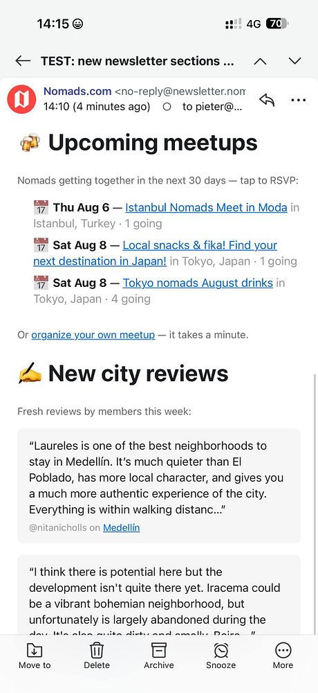 Mobile app interface showing a newsletter draft for #nomads with a list of city events and meetups, and a sidebar with note details.