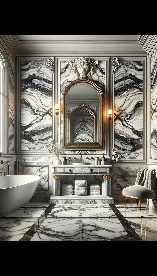 A luxurious bathroom featuring a wall with book-matched marble slabs, creating a mirror-image pattern that draws the eye.