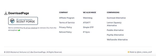 The image displays a footer section from a website called DownloadPage, featuring company information and comparisons to alternative services.