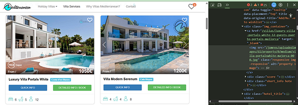 The image displays a webpage featuring two villa listings with associated details and a code snippet on the right.