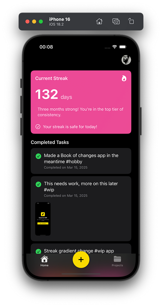The image displays a mobile app interface showing a user's current streak and completed tasks.