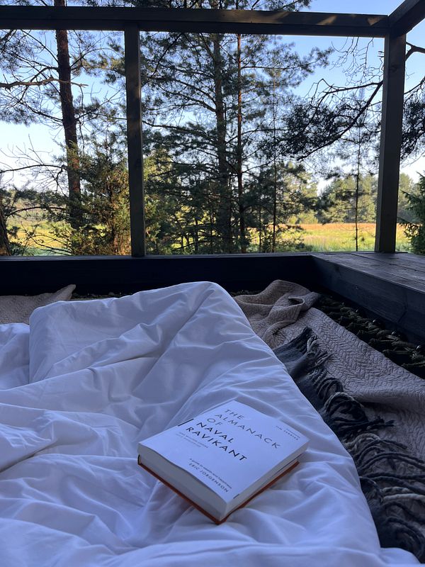 A cozy resting space featuring a book and a serene outdoor view.