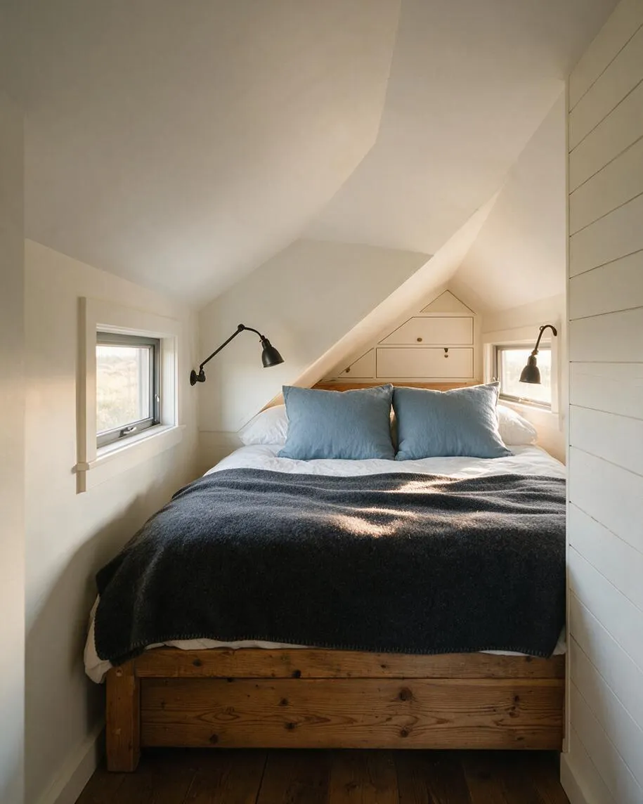 A narrow farmhouse-style guest bedroom tucked under a sloped ceiling, featuring a rustic wood bed with white bedding, pale blue pillows, and a dark charcoal throw. Small side windows, black wall-mounted reading lamps, and soft cream walls create a bright, cozy attic retreat.