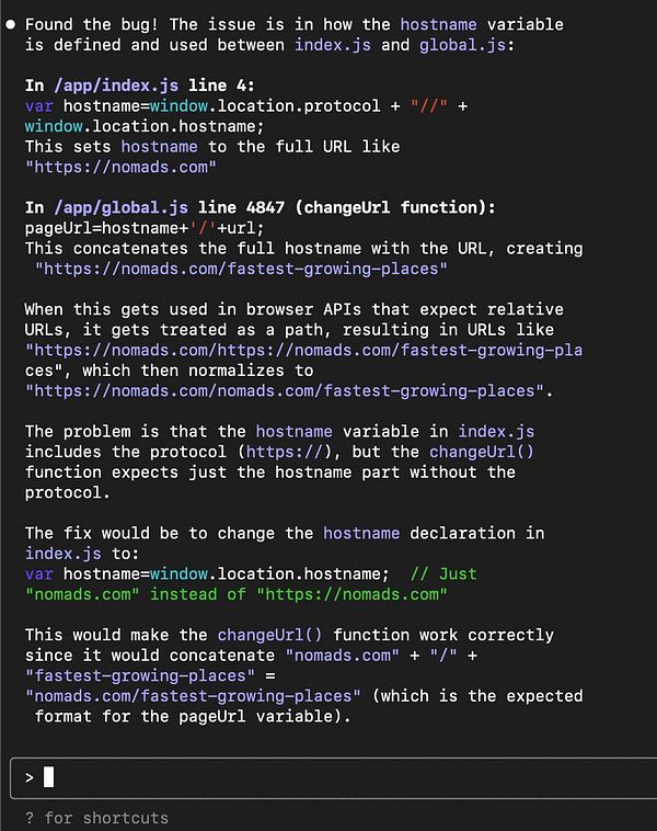 The image displays a code snippet detailing a bug fix related to the hostname variable in a JavaScript application.