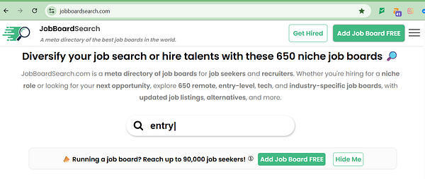 The image displays a webpage from JobBoardSearch.com, highlighting a directory of job boards.