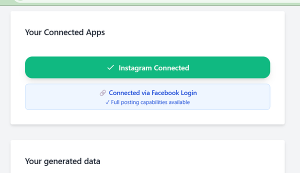 The image displays a user interface section showing connected apps, specifically highlighting Instagram's connection status.
