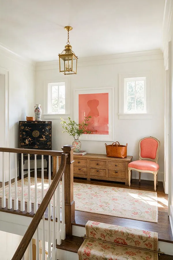 A bright eclectic entryway with white walls, a brass lantern pendant, and dark wood floors. The space includes a vintage black cabinet, a rustic wood bench, a coral upholstered chair, a pink abstract artwork, and a floral stair runner.