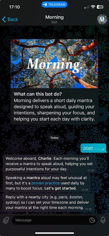 A Telegram chat interface displaying a bot conversation about a daily mantra service.