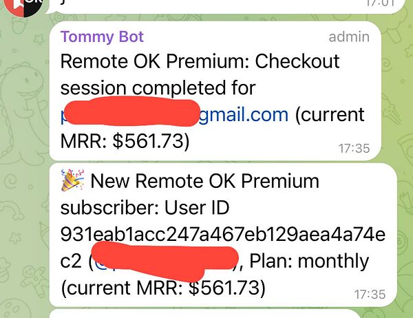 The image displays a chat interface showing notifications from a bot regarding Remote OK Premium subscriptions.