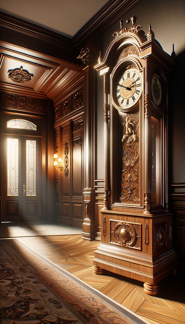 A tall and elegant Grandfather Clock standing in a warmly lit entrance hall, adorned with intricate woodwork.