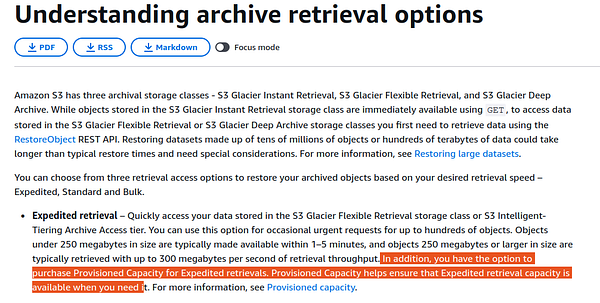 Screenshot of an AWS Glacier pricing page detailing payment options for expedited archive retrieval.