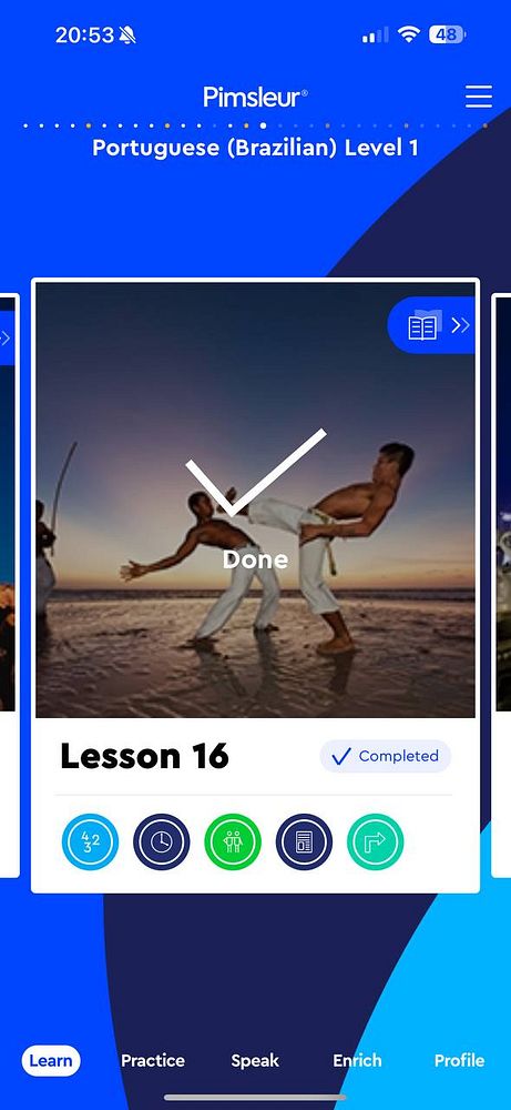 The image displays a completed lesson screen from the Pimsleur language learning app for Brazilian Portuguese.