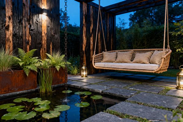 At dusk, a patio with a charred-wood pergola features a woven rattan swing sofa suspended by thick ropes. Slate stepping stones cross a shallow rectangular pond with lily pads and reeds, while corten steel planters hold ferns and grasses. Brass lanterns and a wall sconce cast warm light on the blackened timber, and a rain chain drips into the water, creating a tranquil, nature-centered seating area.