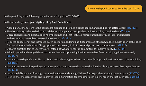 The image displays a detailed list of recent commits made to a Git repository, highlighting various updates and improvements.