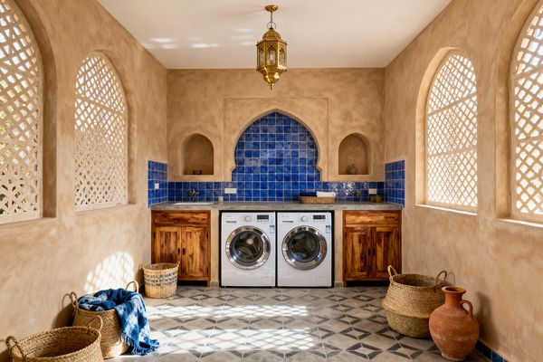 A sunlit Moroccan-style laundry room features sandy tadelakt walls and arched lattice windows that cast patterned light across gray geometric cement tiles. Two white front-loading machines sit beneath a gray concrete counter between warm wood base cabinets; behind them, a cobalt-blue zellige tile backsplash rises within a sculpted keyhole arch, flanked by small niches, while a brass lantern pendant, woven baskets, and a terracotta jar add texture.