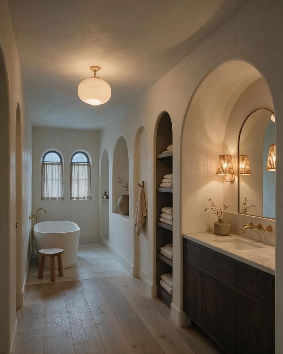 A long organic modern master bathroom with soft plaster walls, a warm wood floor, and a dark wood vanity topped with a light stone counter on the right. The space includes a freestanding tub near two arched windows with sheer curtains, built-in arched niches, a round ceiling light, and brass fixtures with woven wall sconces.