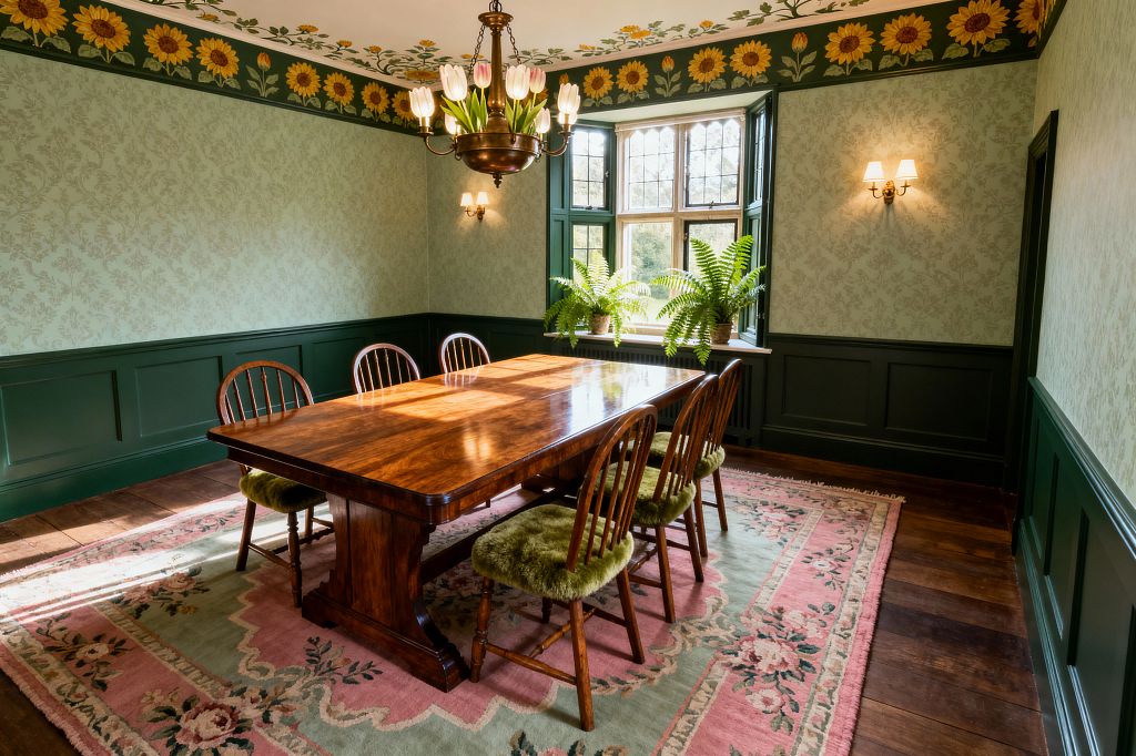 A Victorian dining room with a polished rectangular wood table and six spindle-back chairs with green plush seat pads sits on a pink and sage floral wool rug. Deep green paneled wainscoting, pale sage damask wallpaper, and a sunflower frieze wrap the walls; a brass chandelier with tulip-shaped frosted shades and two wall sconces illuminate leaded casement windows holding potted ferns over wide-plank wood flooring.