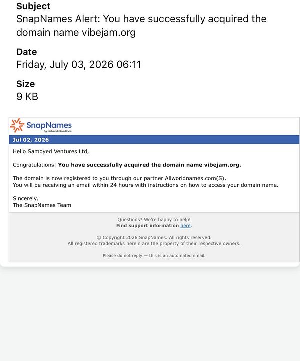 Screenshot showing a SnapNames auction page for domain names vibejam.org and hotelist.net with bidding and backorder options.