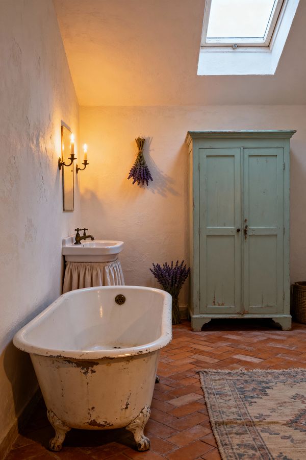 An intimate shabby chic bathroom shows a worn white clawfoot tub on terracotta herringbone brick beside a distressed mint-green armoire. Textured ivory plaster walls hold a narrow mirror above a corner sink with a gathered fabric skirt and brass taps, lit by two candle sconces; a skylight adds daylight, a faded patterned rug softens the floor, and dried lavender with a wicker basket completes the rustic look.